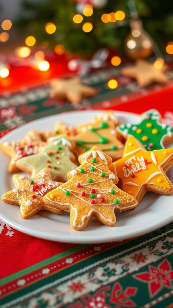 A festive plate of orange sugar cookies shaped like Christmas trees and stars, decorated with icing and sprinkles.